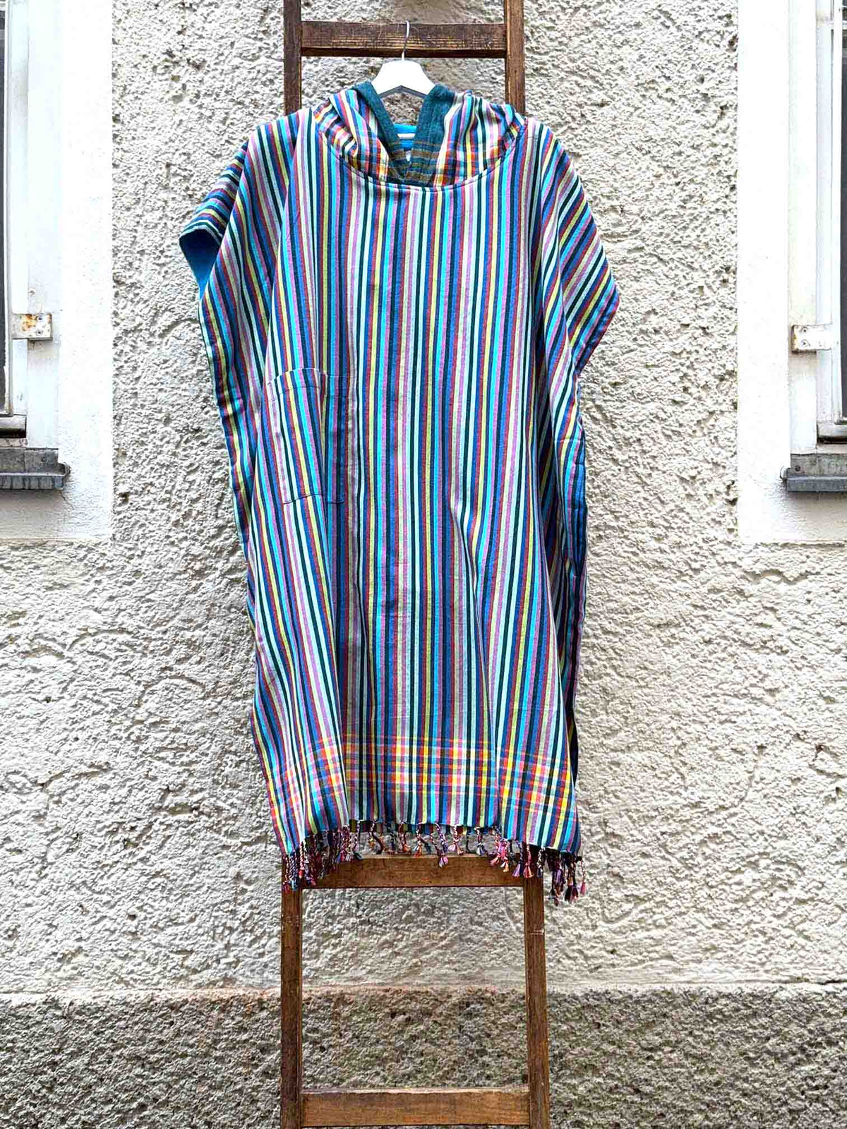 Kikoi Poncho Baumwolle Kapuze Blue Multi Summerstripe Turquise Frottee