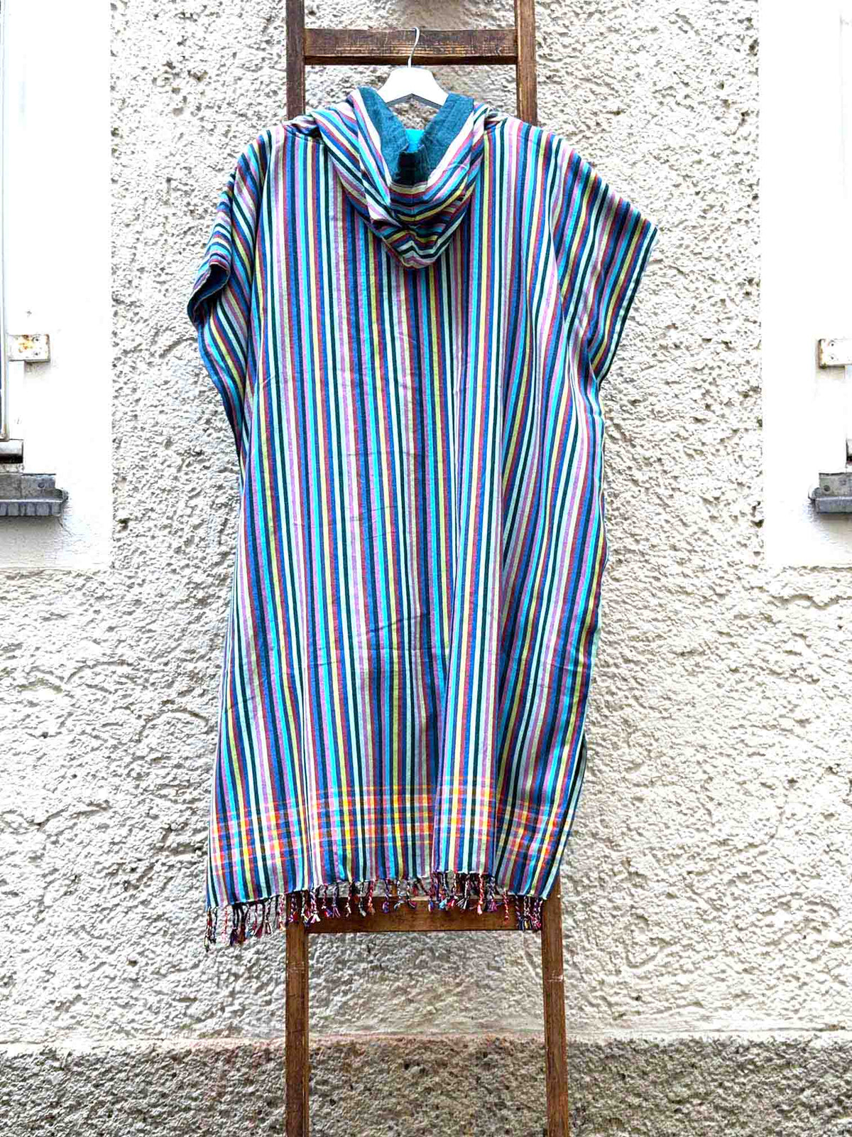 Kikoi Poncho Baumwolle Kapuze Blue Multi Summerstripe Turquise Frottee