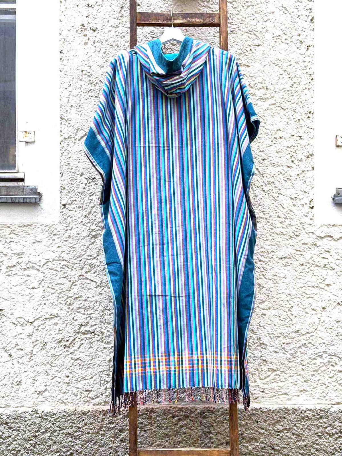 Kikoi Poncho Baumwolle Kapuze Blue Multi Summerstripe Turquise Frottee