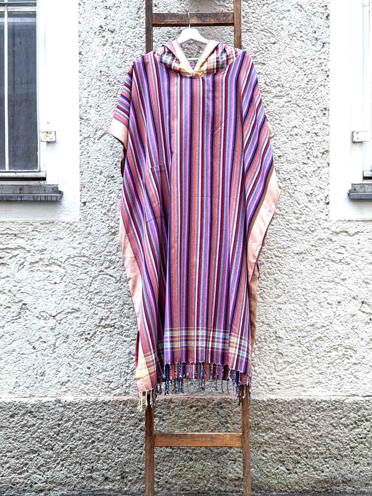 Kikoi Poncho Baumwolle Kapuze Yellow Multi Summerstripe