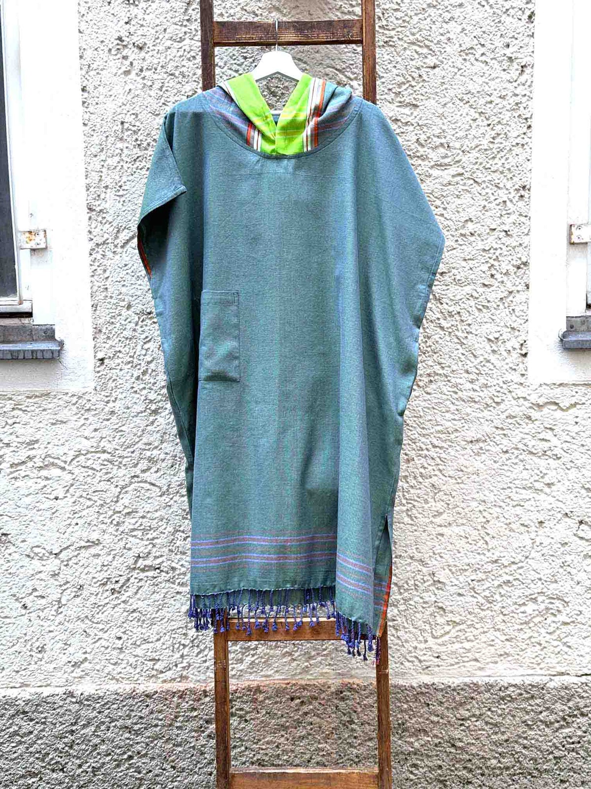 Kikoi Poncho Baumwolle Kapuze Khaki Lime