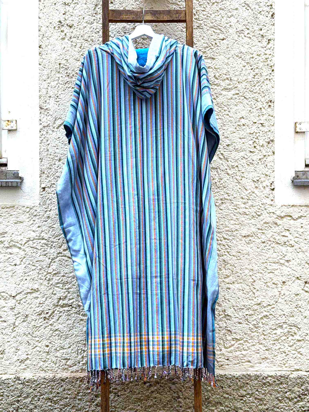 Kikoi Poncho Baumwolle Kapuze Orangegrey Springstripe Turquise Frottee