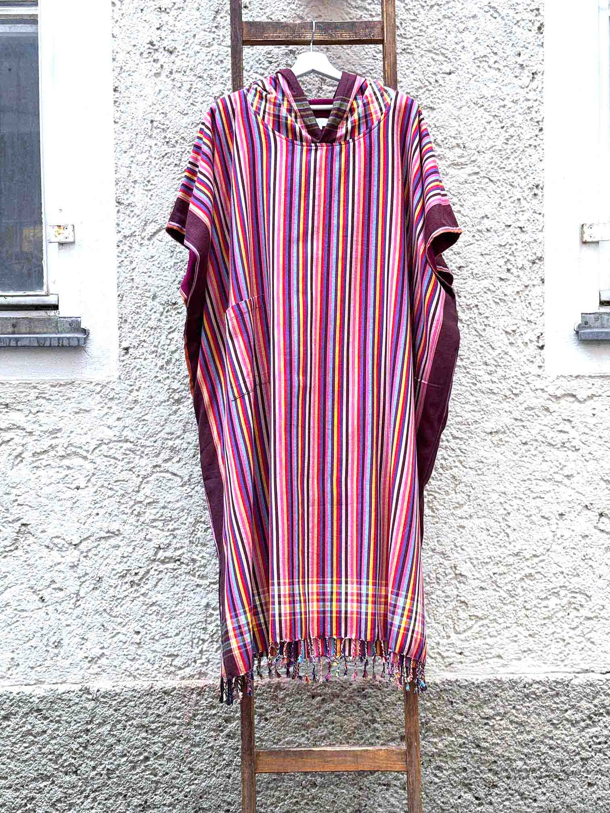 Kikoi Poncho Baumwolle Kapuze Red Multi Summerstripe Purple Frottee