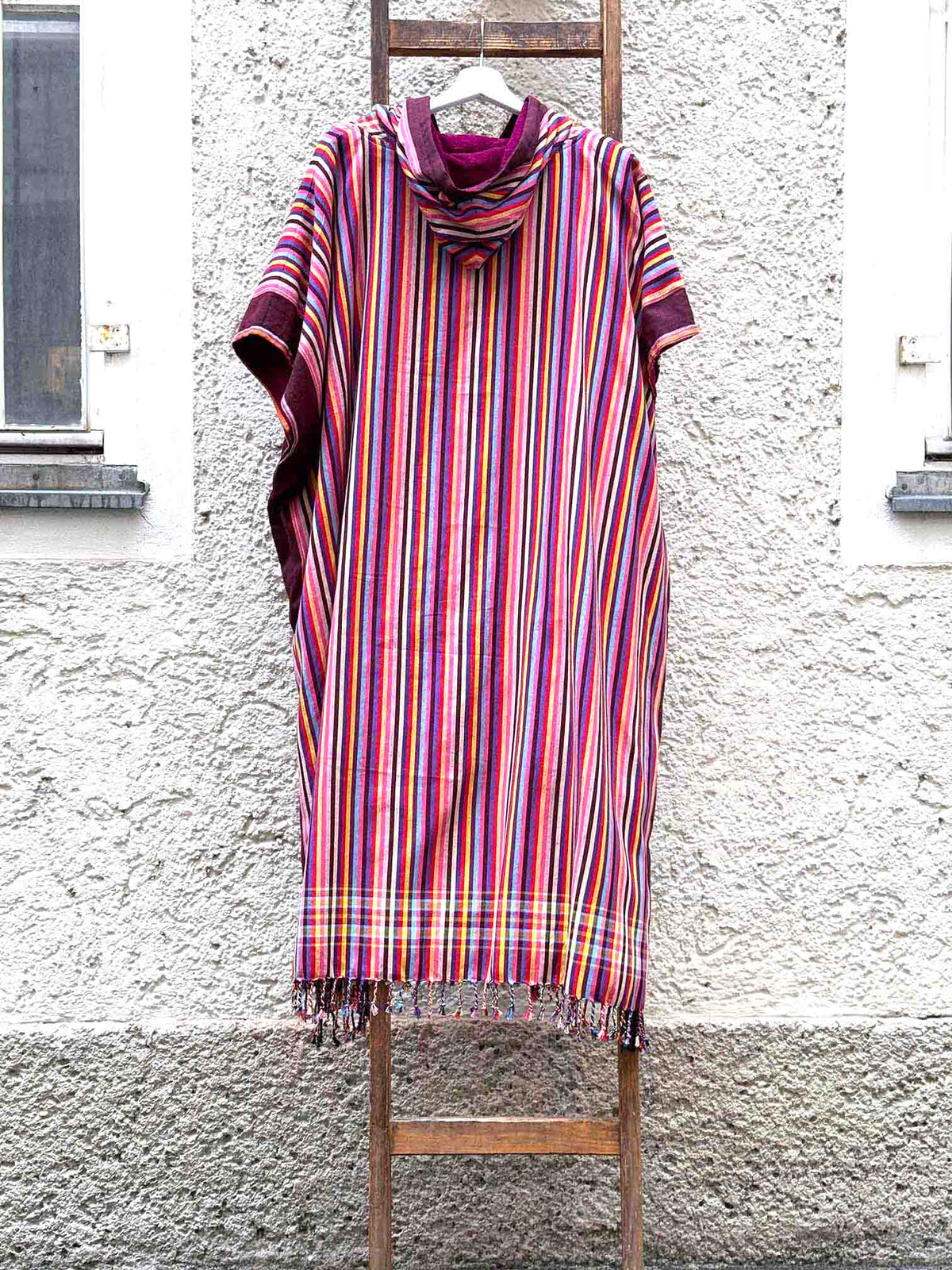 Kikoi Poncho Baumwolle Kapuze Red Multi Summerstripe Purple Frottee