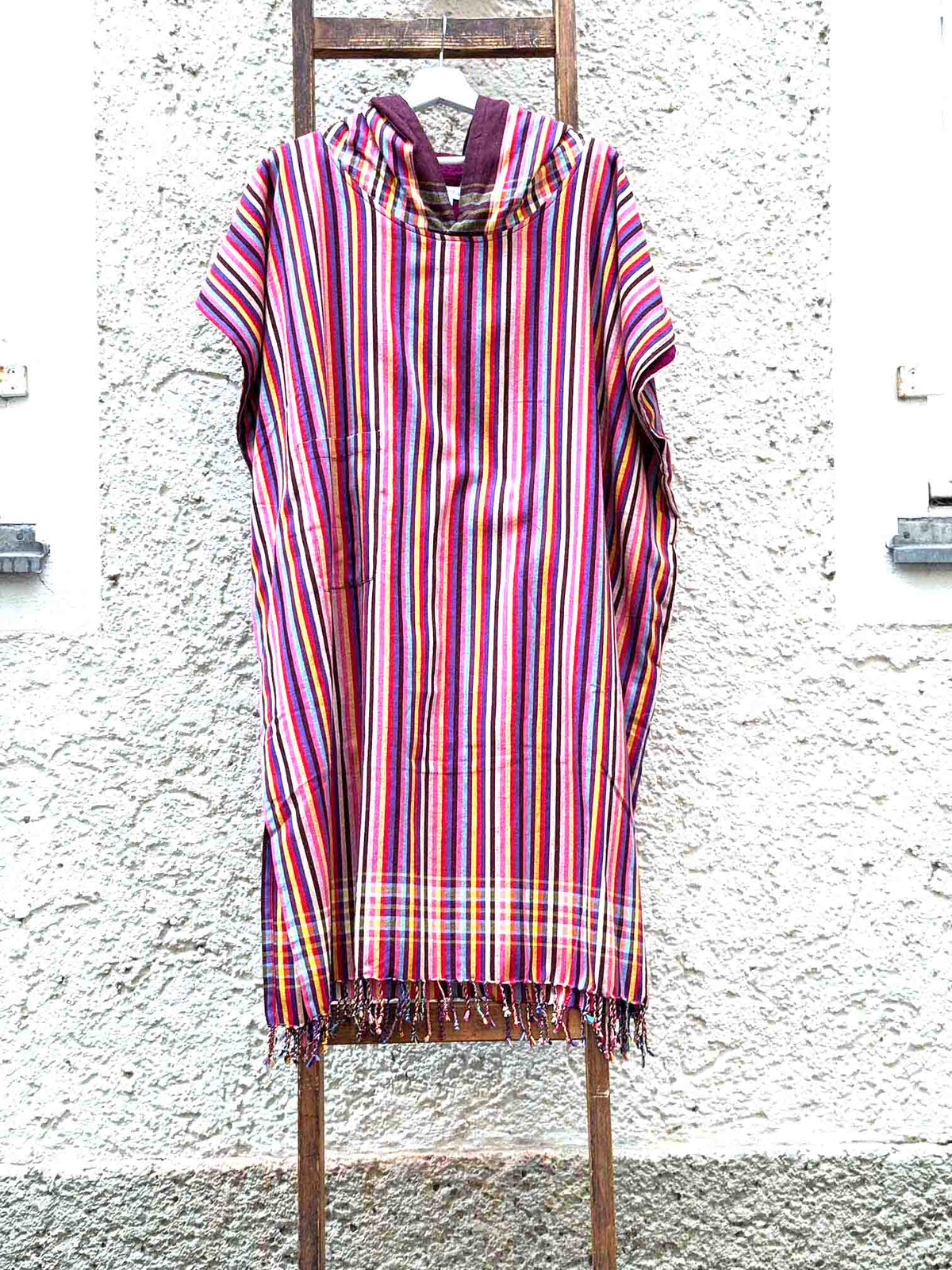 Kikoi Poncho Baumwolle Kapuze Red Multi Summerstripe Purple Frottee