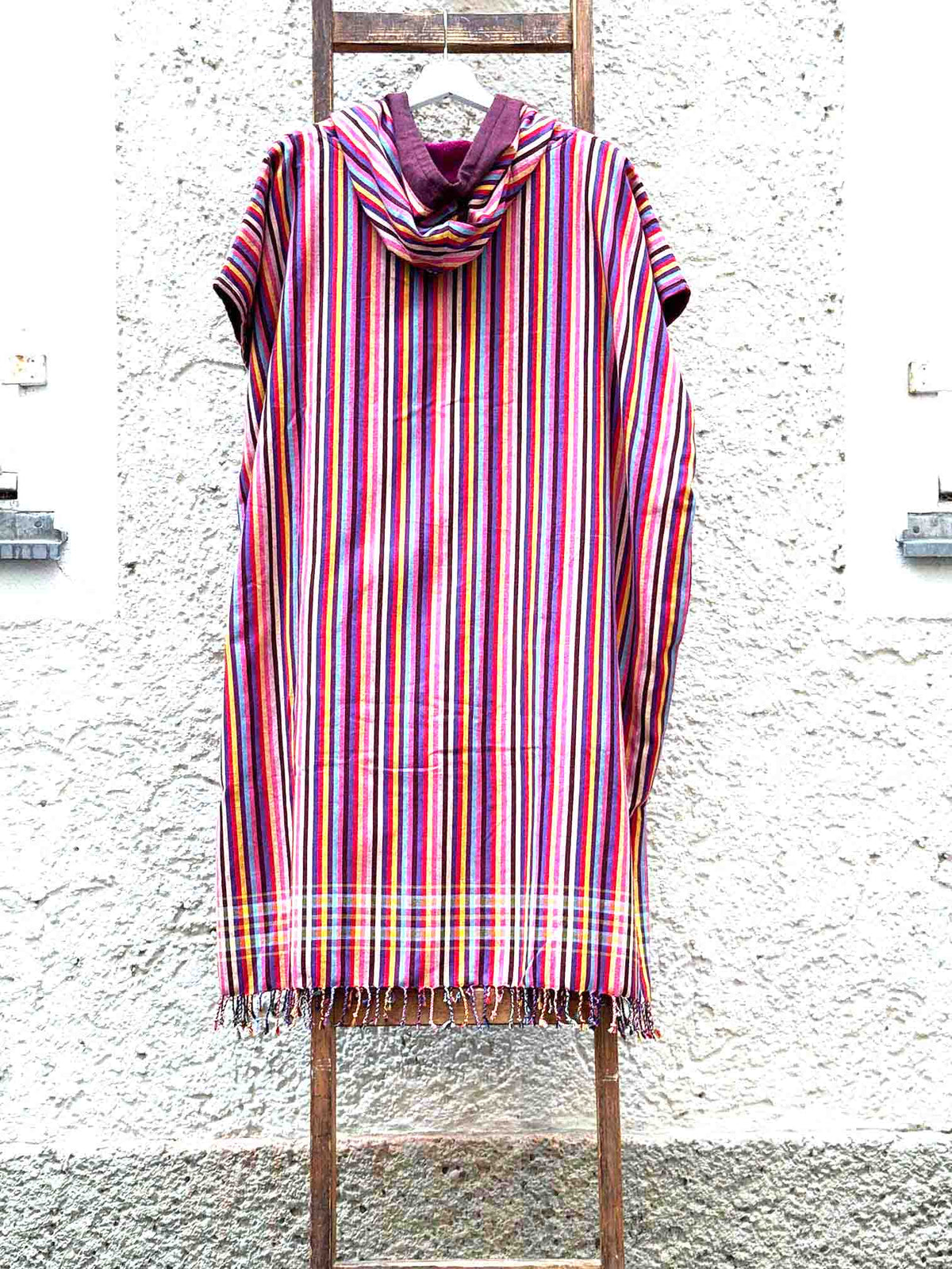 Kikoi Poncho Baumwolle Kapuze Red Multi Summerstripe Purple Frottee